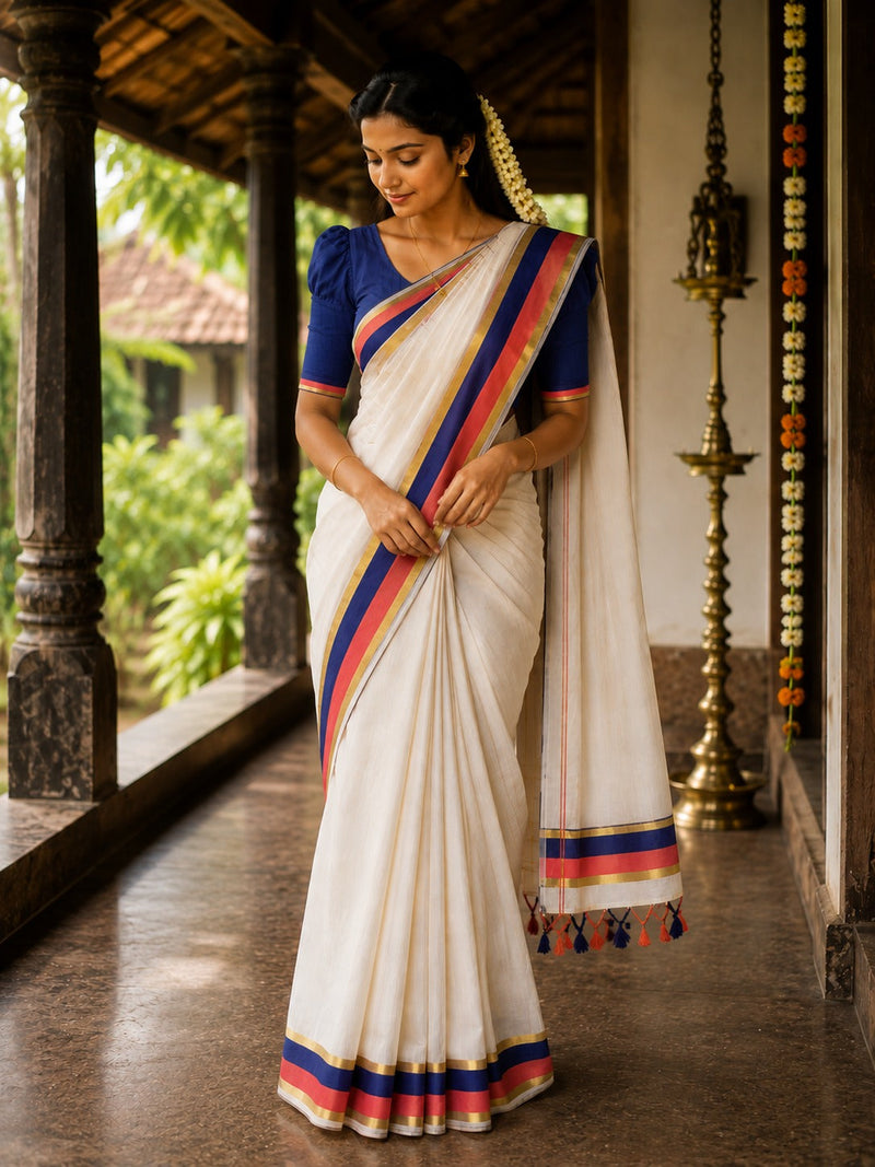 SET SAREE LARGE BORDER TASSELS