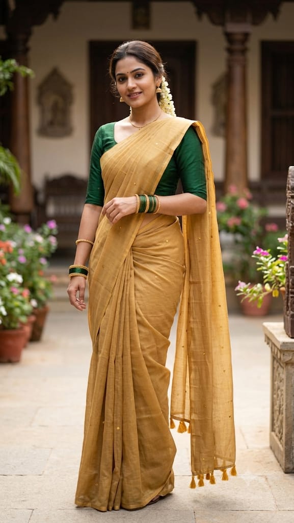 GOLDEN KANCHI TISSUE SAREE WITH GREEN BLOUSE