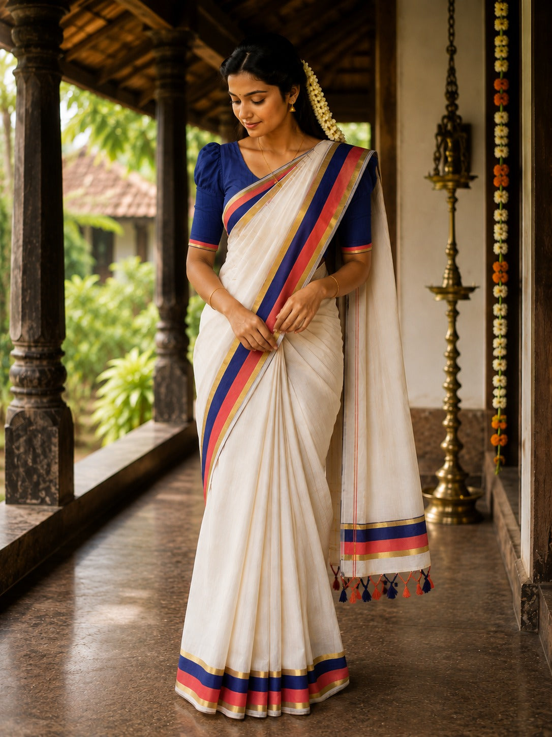 SET SAREE LARGE ORANGE BORDER TASSEL 1