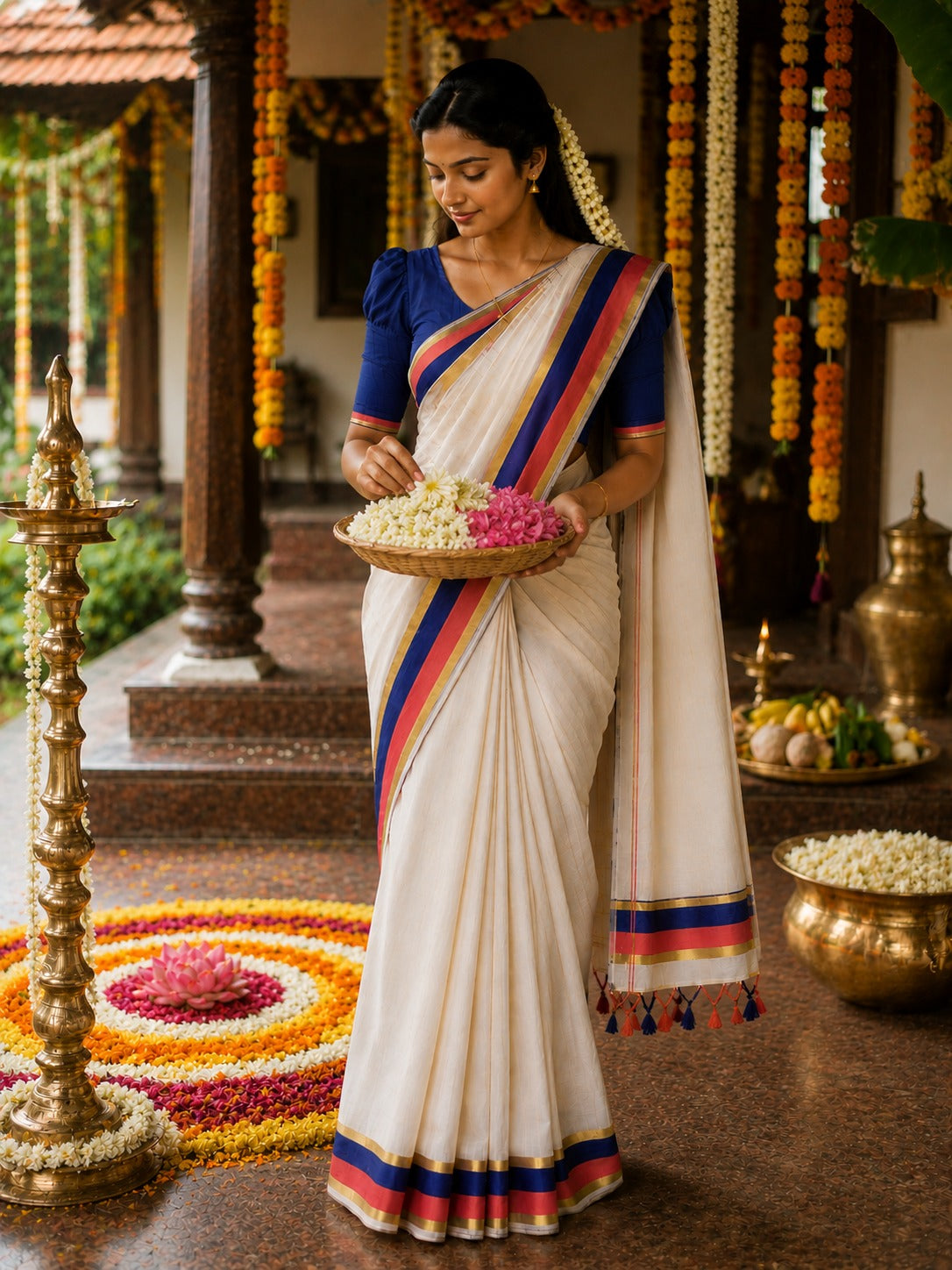 SET SAREE LARGE ORANGE BORDER TASSEL 1