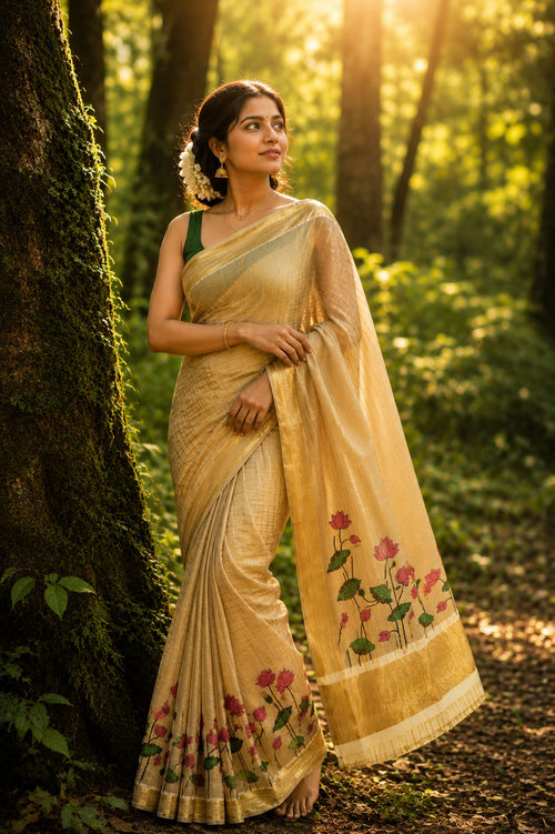 GOLDEN TISSUE SILK LOTUS PRINT SAREE
